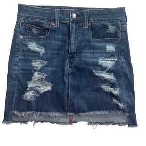 American Eagle Denim Mini Skirt‎ Distressed Destroyed Frayed Hem grunge rebel
